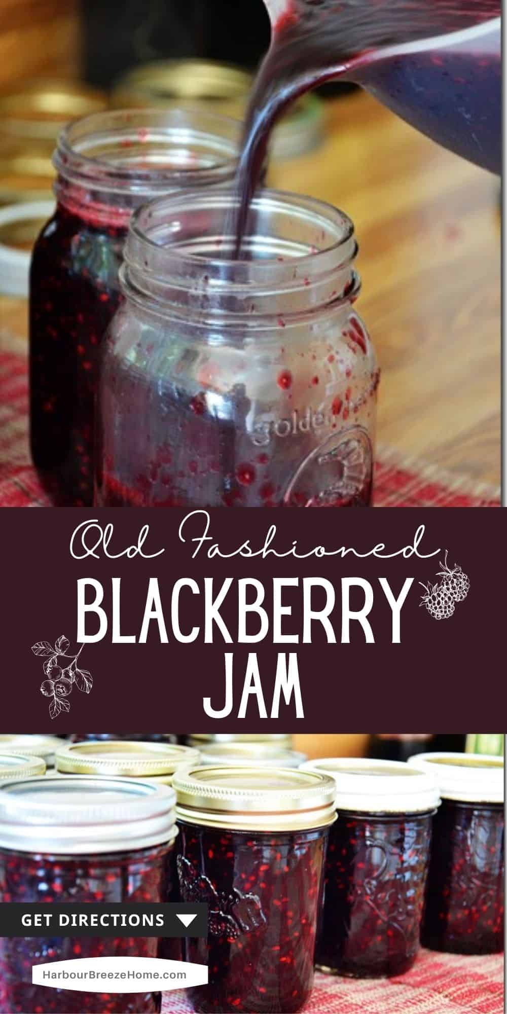 Old Fashioned Blackberry Jam being poured into jam jars