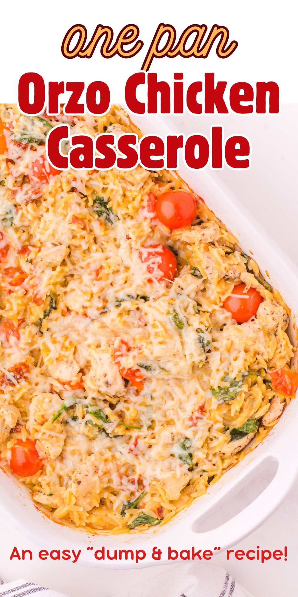 A pan of orzo chicken casserole.