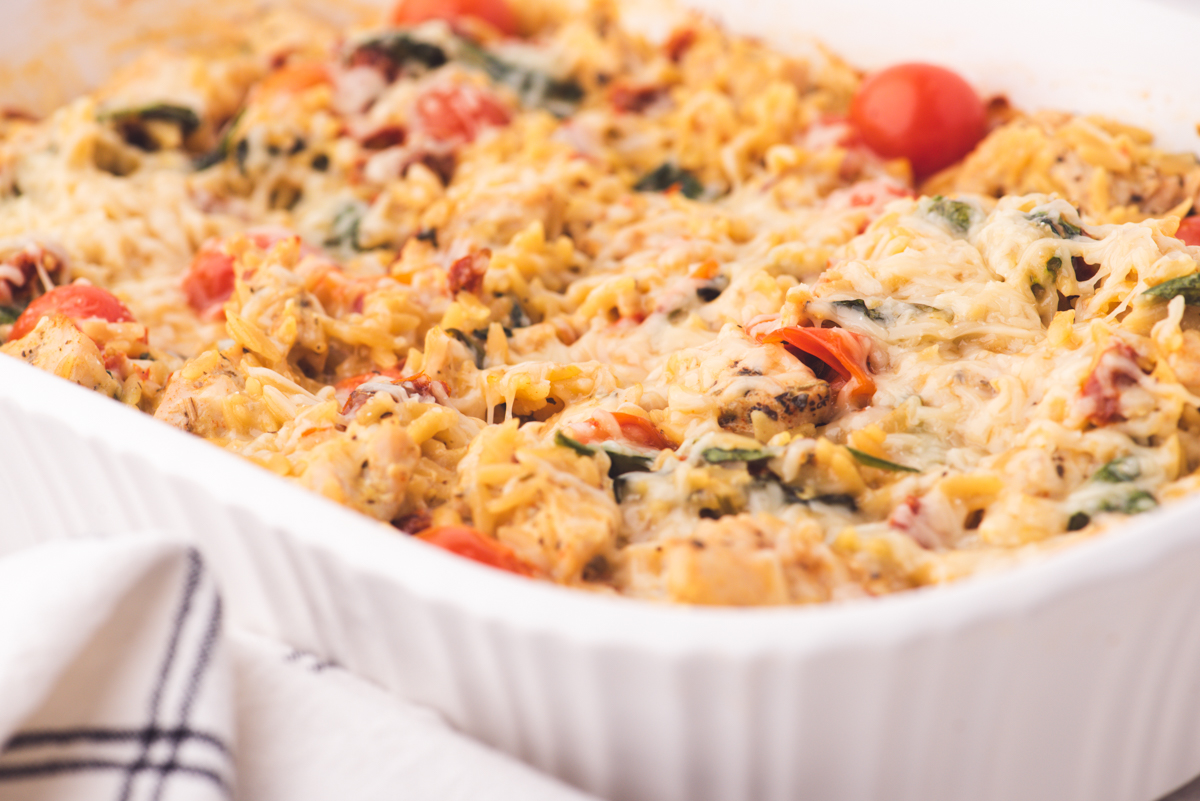 Orzo Chicken Casserole in a white baking dish.
