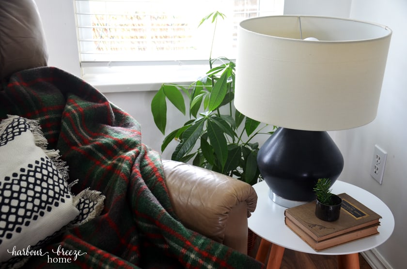 DIY Painted Ceramic Lamp painted in black, sitting on a living room end table with a green plant behind it and a stack of books in front of it.