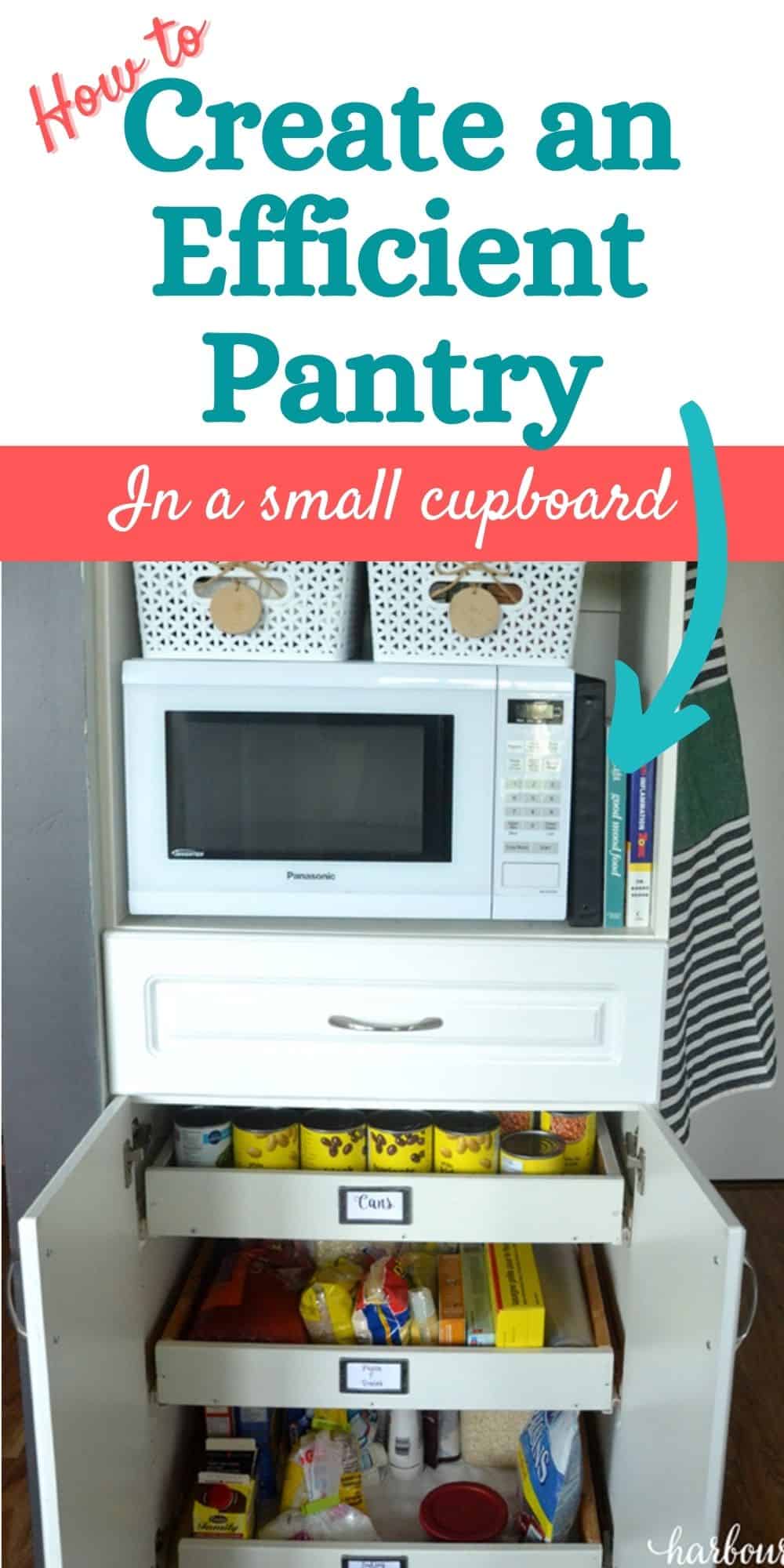 Pantry organization for a small kitchen with DIY pull out shelves.
