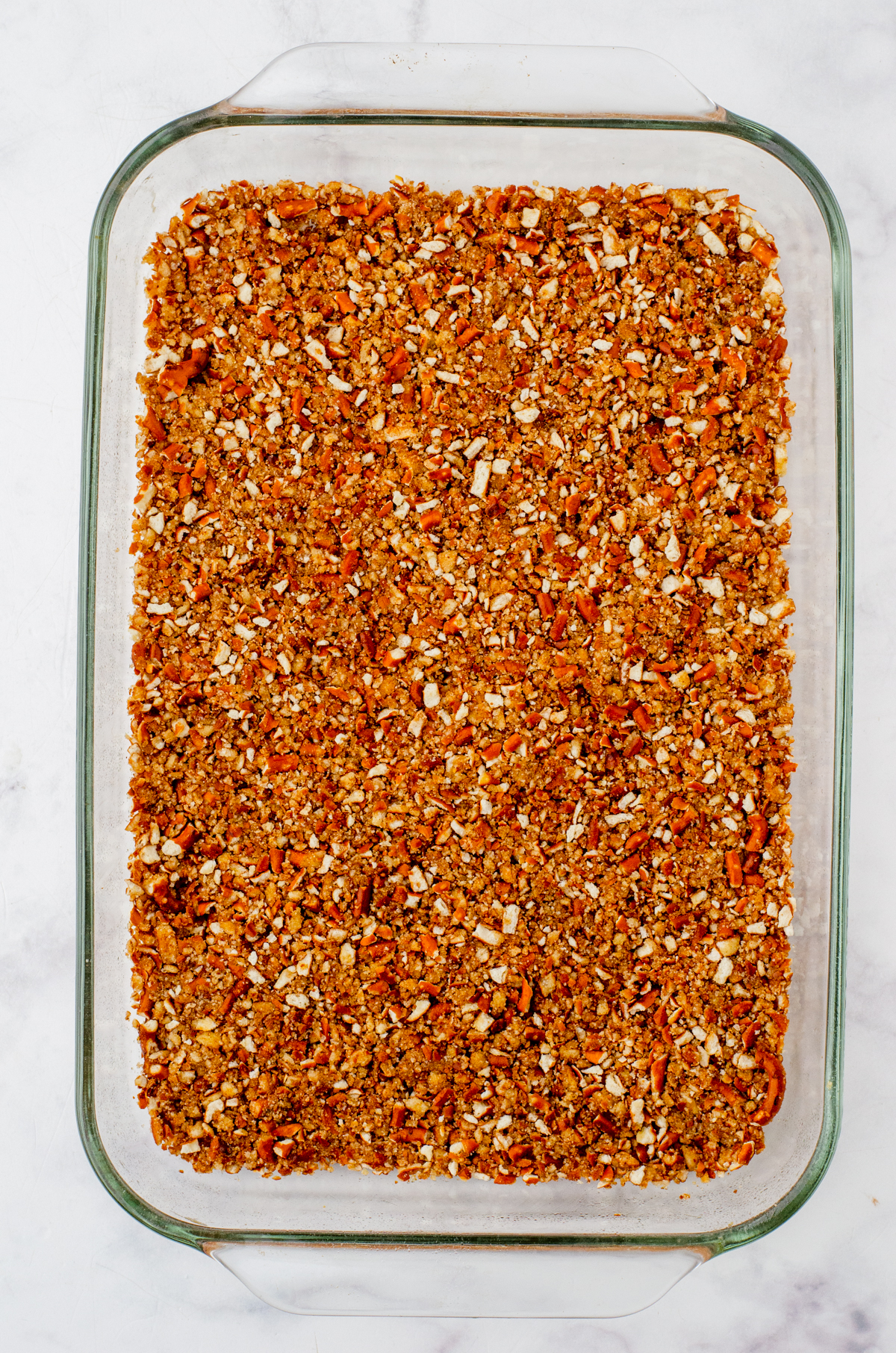 Pretzel crust for peach pretzel salad.