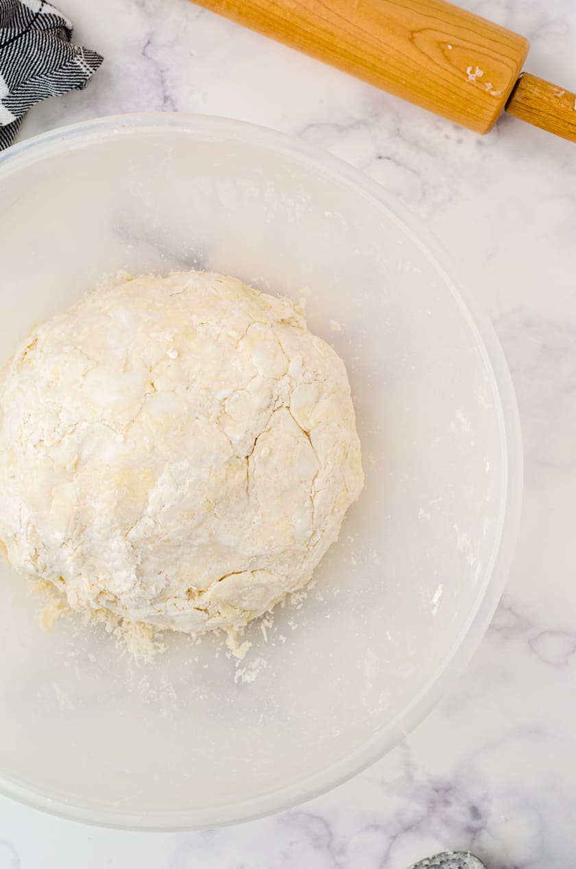 Pie dough ball in a large mixing bowl.