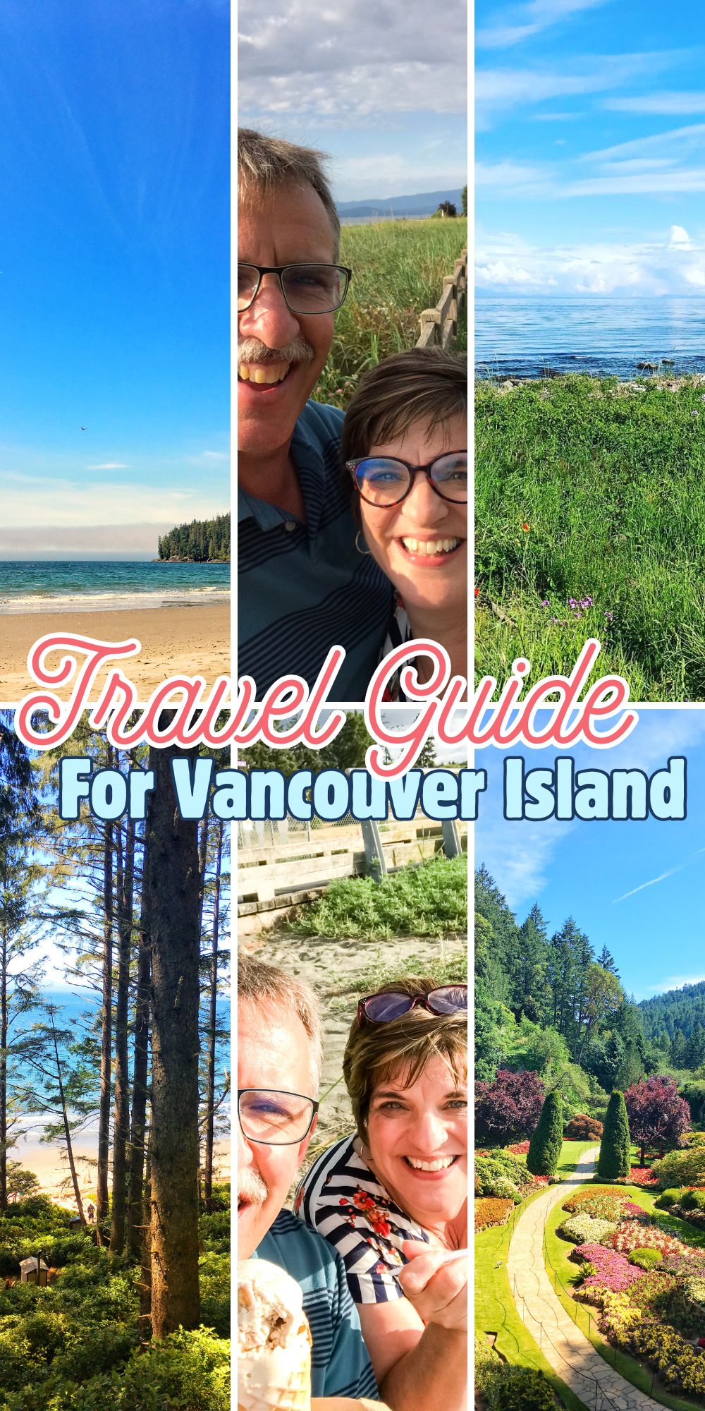 A collage of places to visit on Vancouver Island - including China Beach, Parksville Community Part, Campbell River Seawalk, and Butchart Gardens.