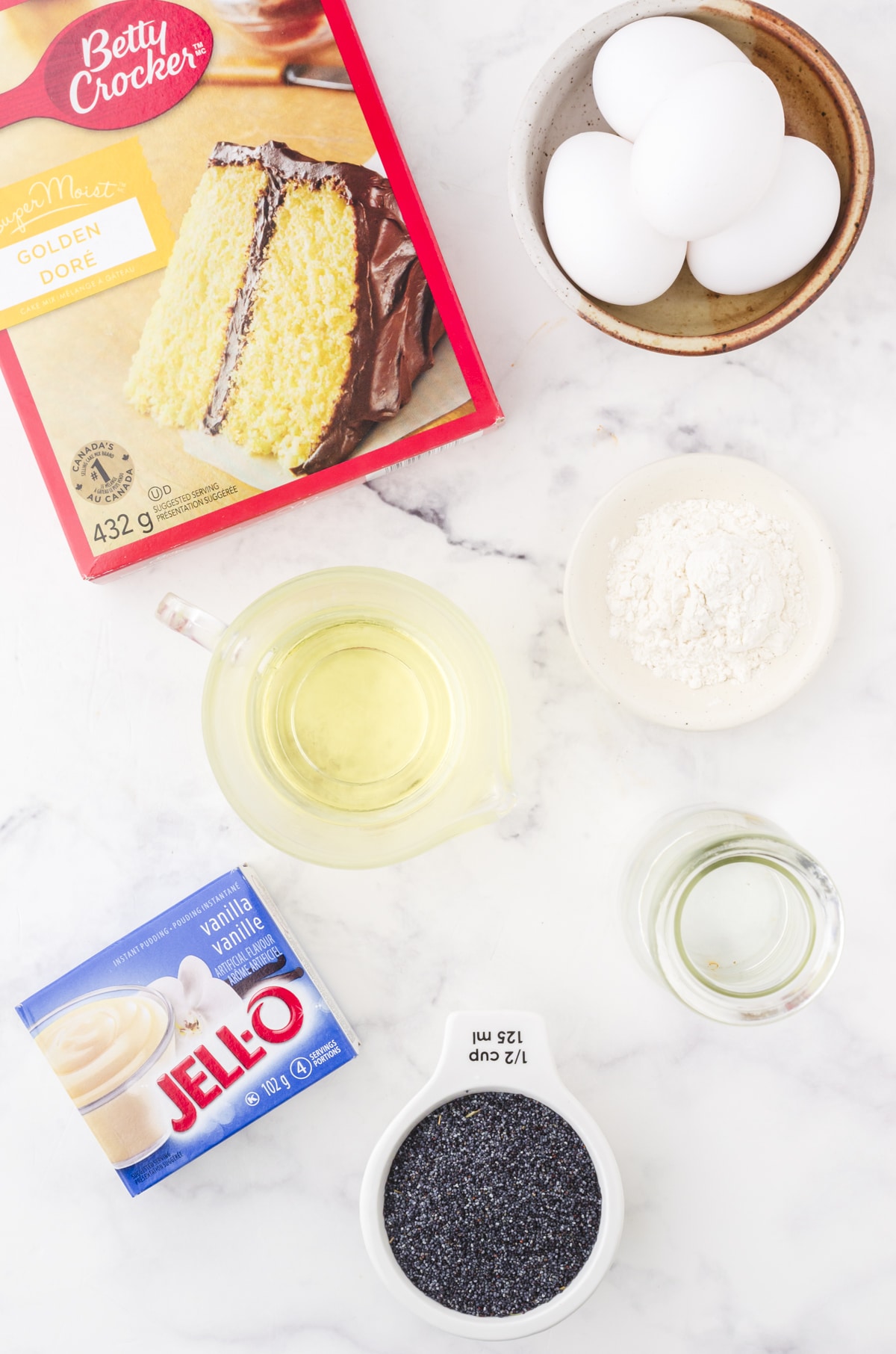 Ingredients for poppy seed bread loaf with cake mix