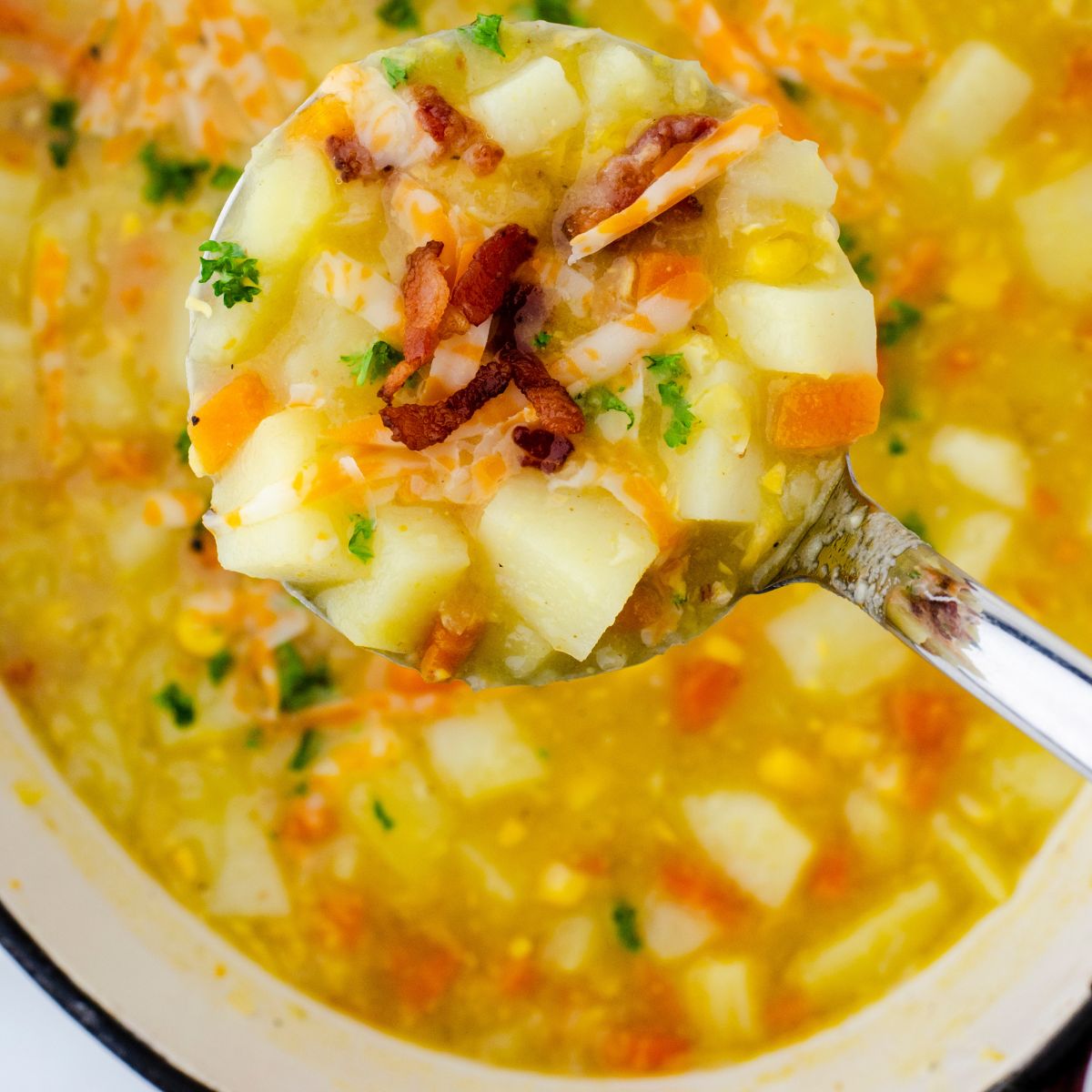Easy Potato Soup with Corn and Crispy Bacon