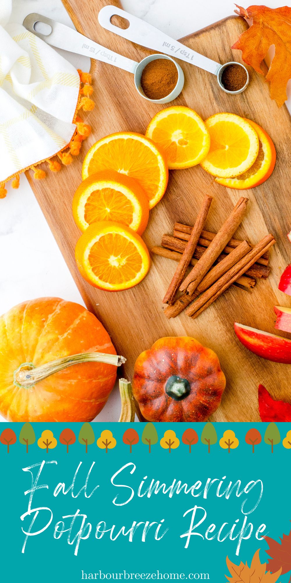 Ingredients for stovetop simmering potpourri layered on a wooden cutting board.