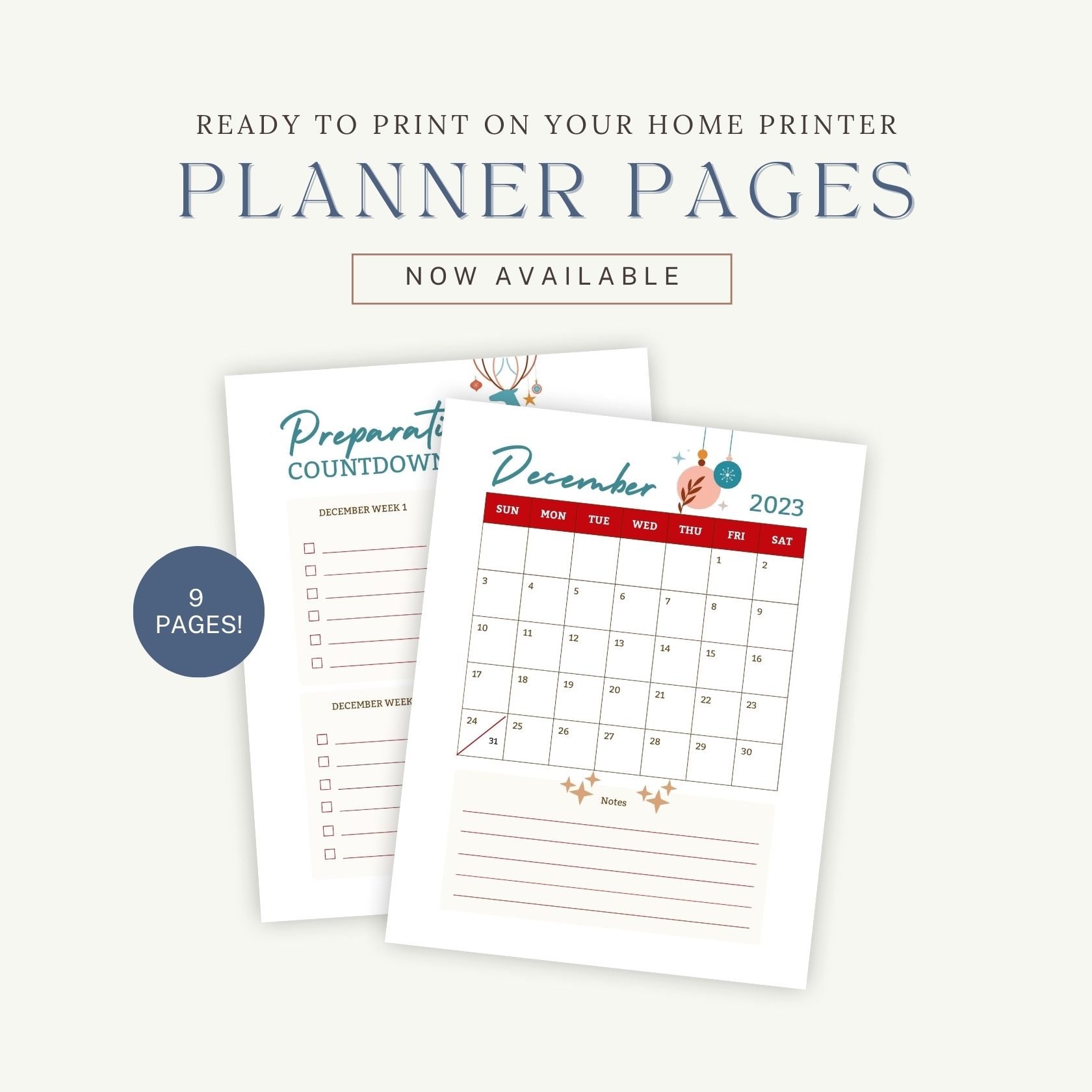 2 samples of a printable Christmas planner set including a preparations countdown and a blank December calendar page.