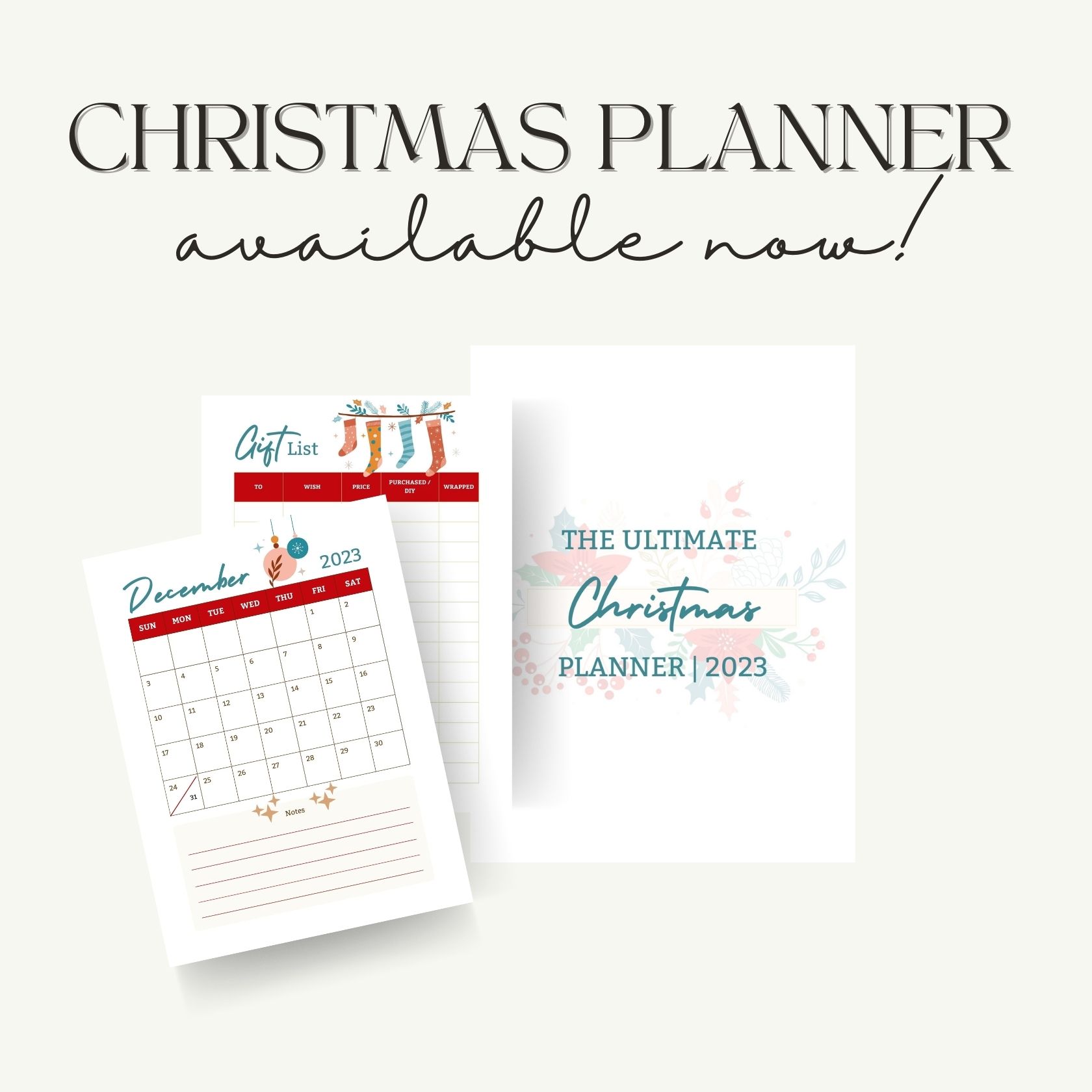 Samples of a free printables Christmas planner set with the pages of a blank December calendar and gift list.