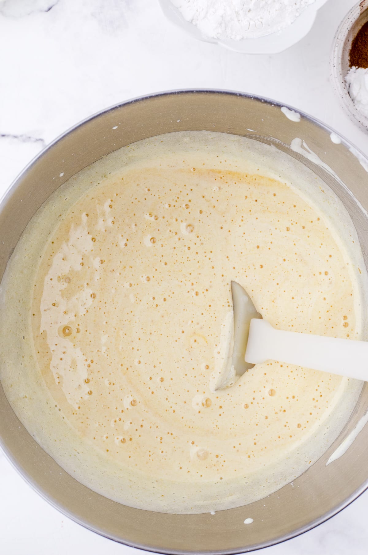 Step 1 of pumpkin cake roll- beat eggs and sugar until light yellow.