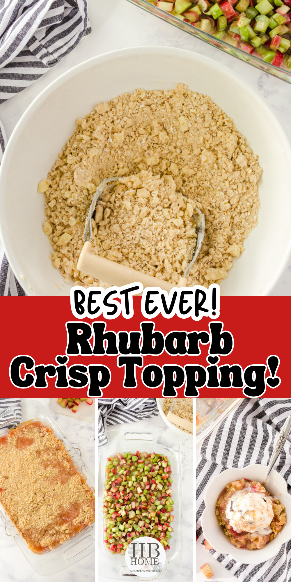 collage of rhubarb crisp topping being made