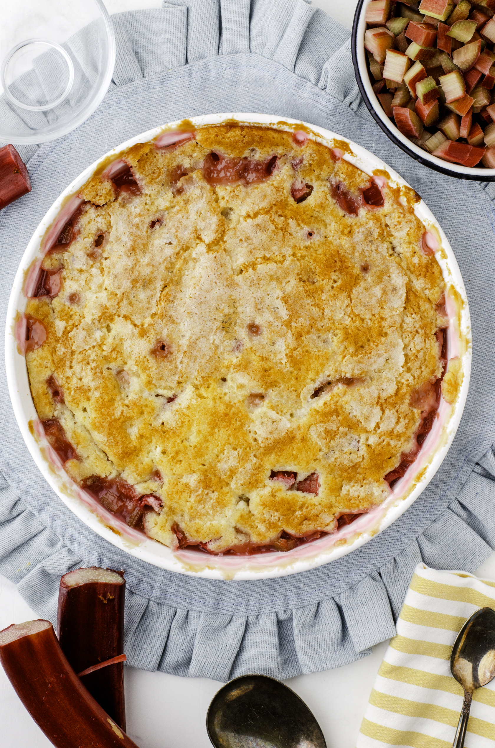 a baked pan of sticky rhubarb pudding