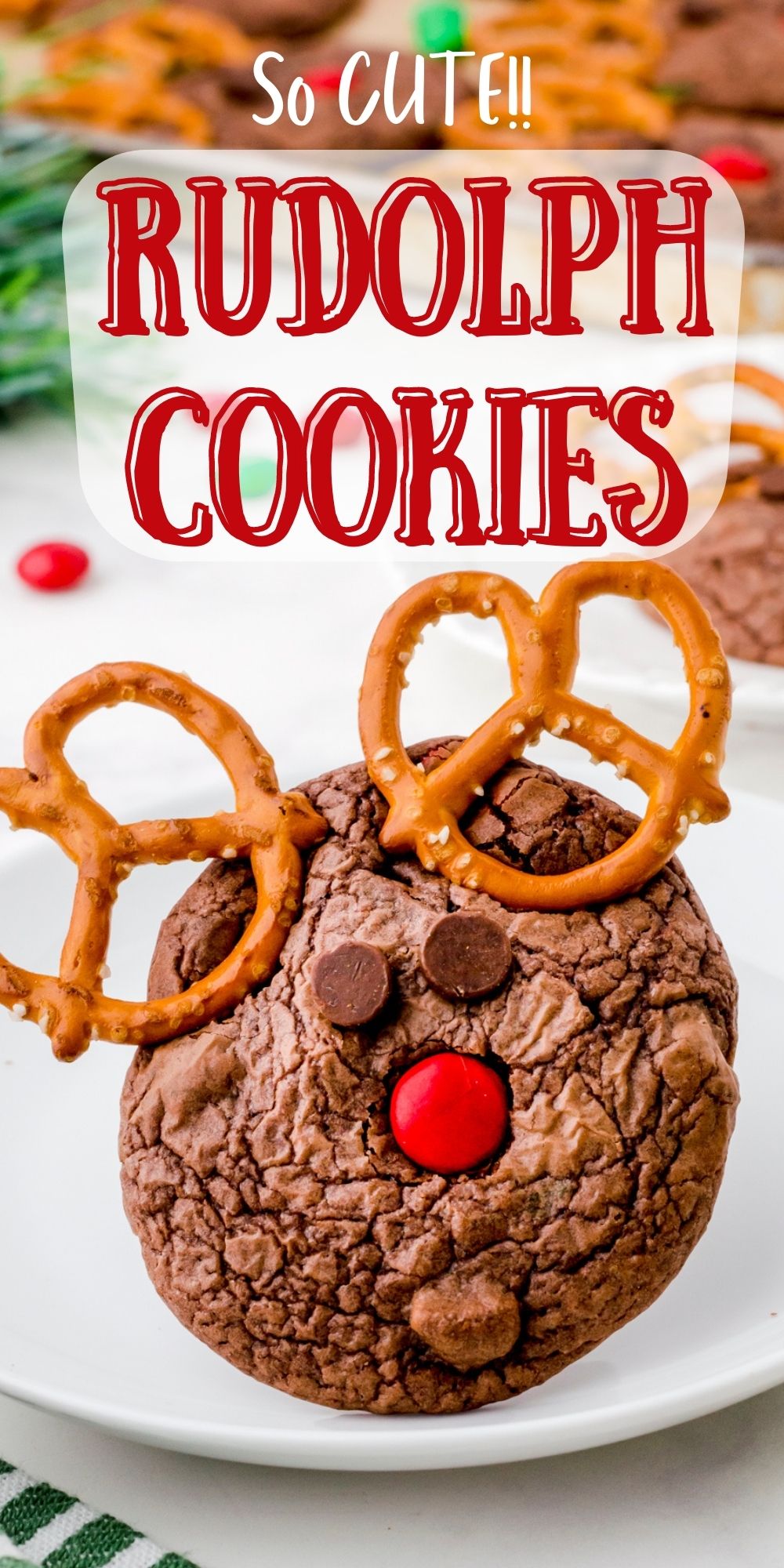 reindeer cookie on a plate with the title "Rudolph Cookies"