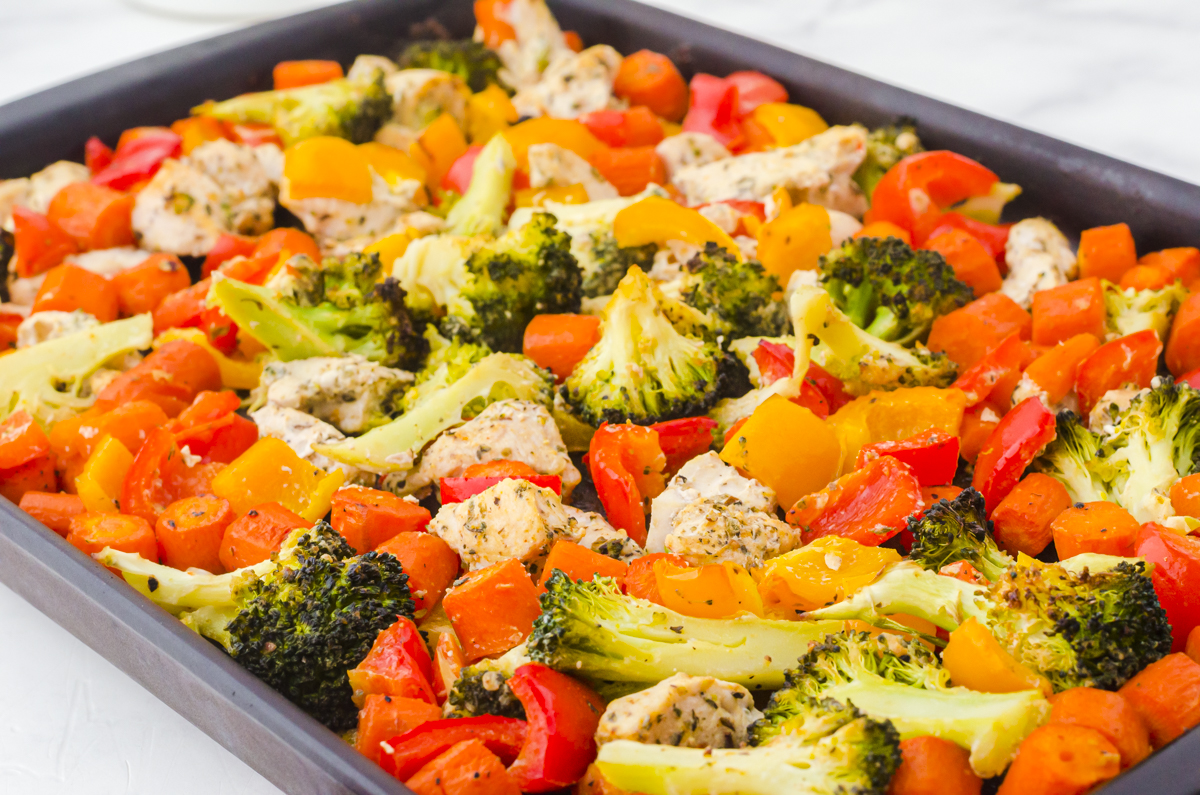 sheet pan chicken and veggies cooked and ready to eat.