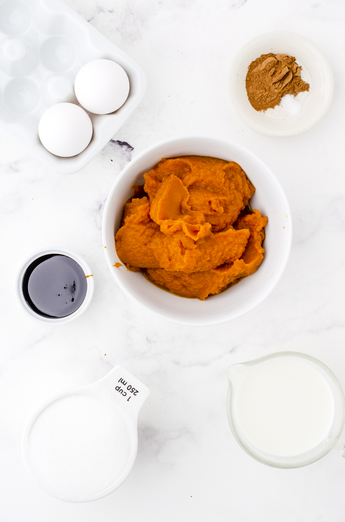 Ingredients needed for this simple pumpkin pie recipe.