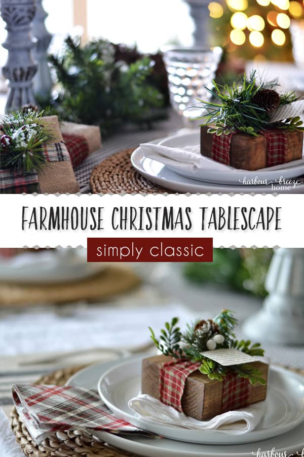 Farmhouse Christmas Tablescape | Find decorating ideas for a farmhouse style Christmas table with simple diy farmhouse decor, centerpieces, and place card holders. It's a simply classic look that Joanna Gaines' fans will love! #farmhouse #farmhousechristmas #farmhousetabledecor #diyfarmhouse #diychristmasdecorations