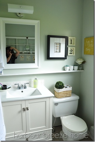 small bathroom vanity with toilet beside and a narrow shelf running along the whole wall under the vanity mirror