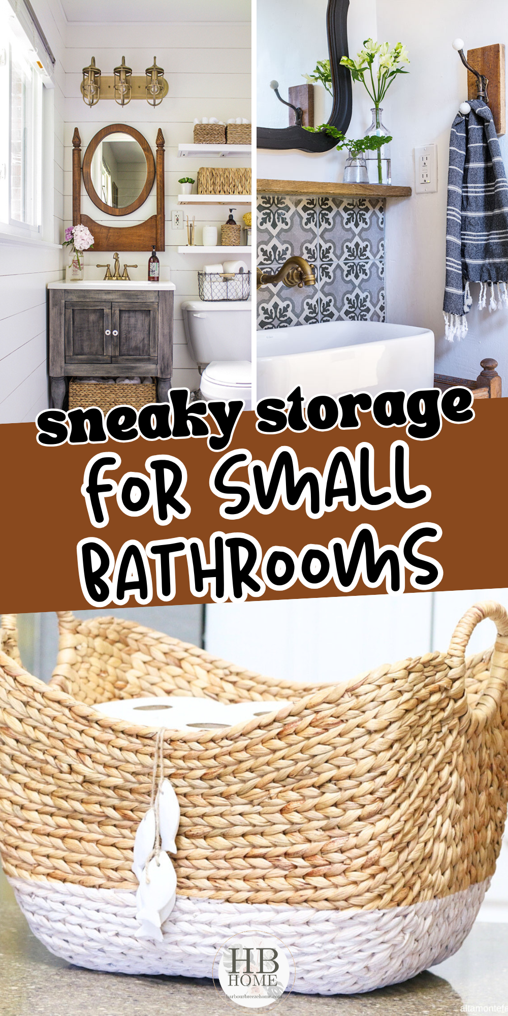 collage of small bathroom storage ideas
