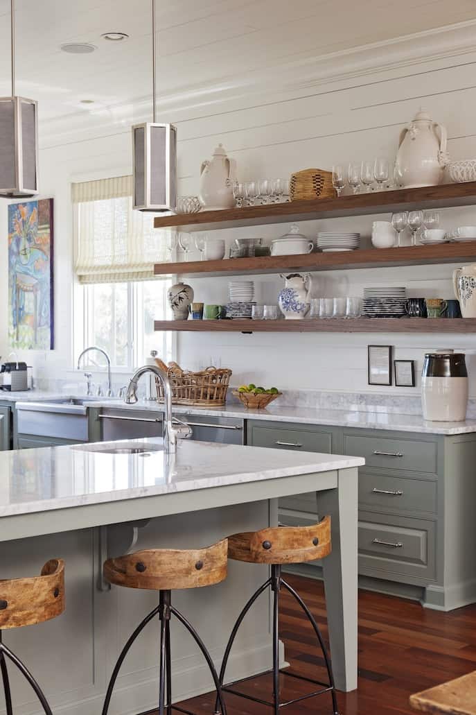 Gray and White Kitchen with Wood shelving