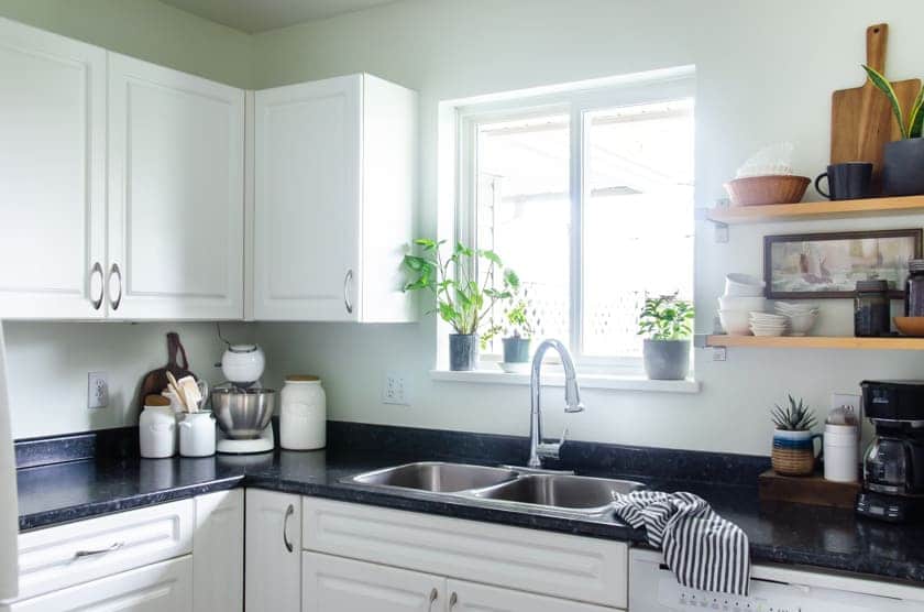 Small kitchen window with plants in the windowsill and a sink below.
