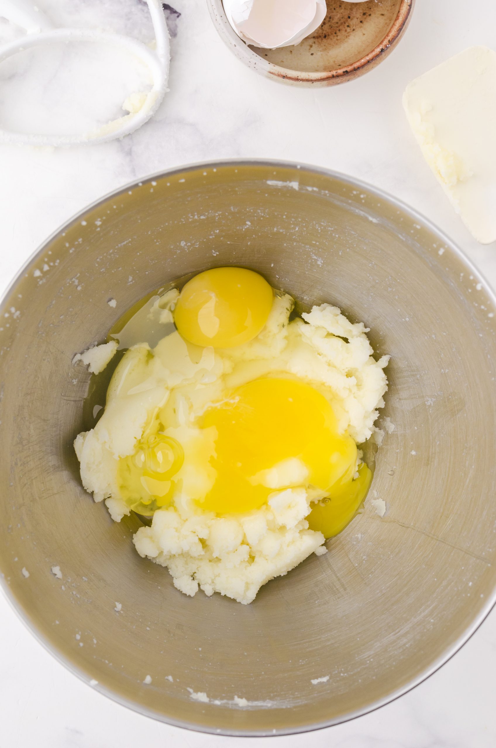 eggs added to the creamed butter and sugar for snickerdoodle caramel bits cookies