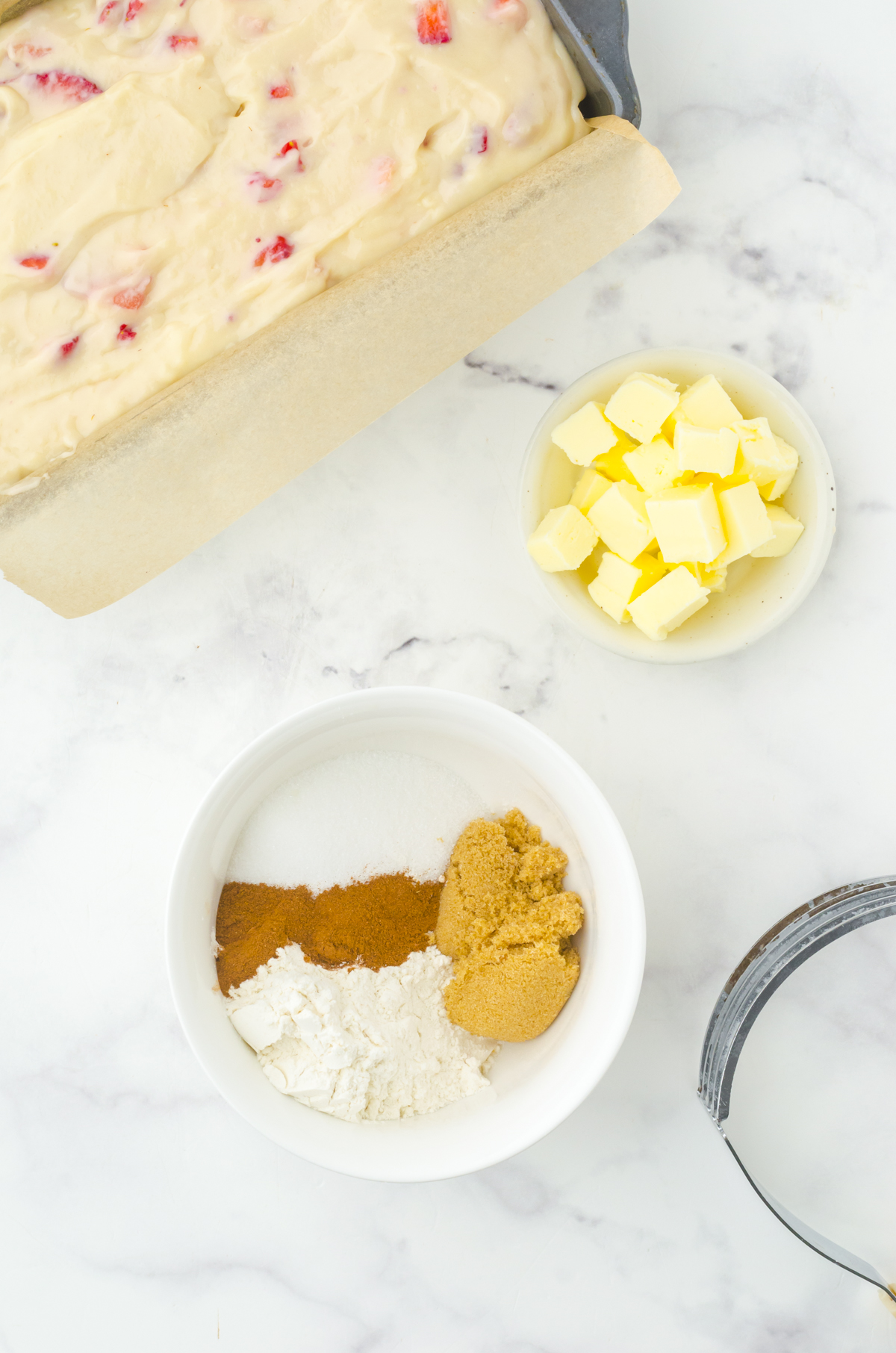 Crumble topping ingredients for a crunchy topping for this quick bread recipe.