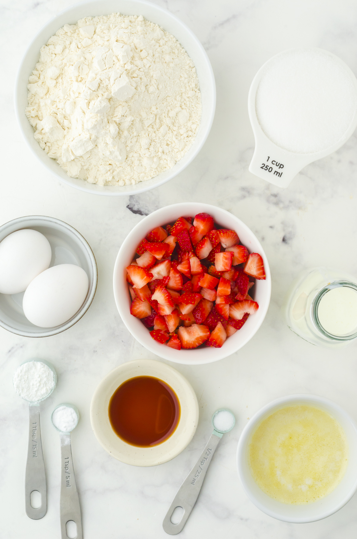 Ingredients for strawberry muffins with buttermilk
