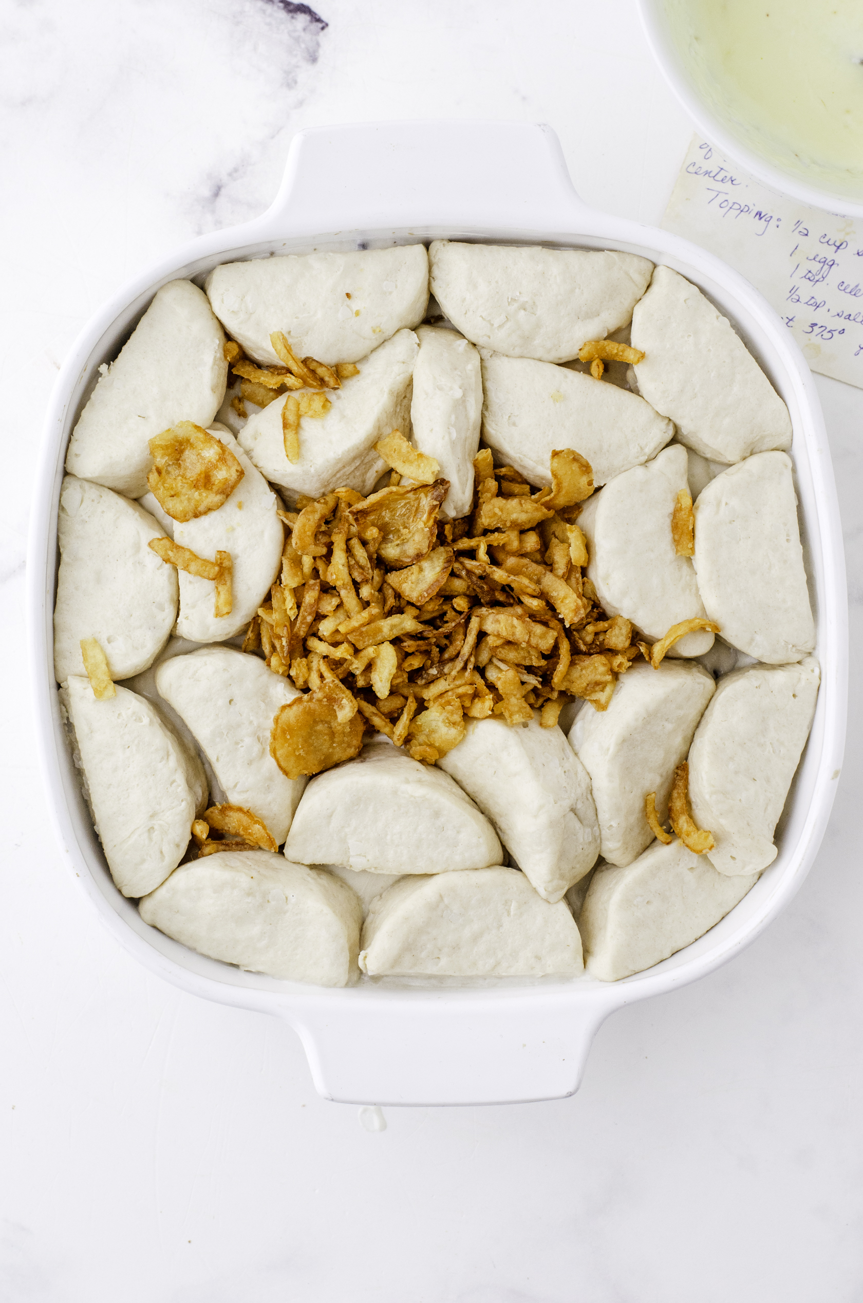French fried onions sprinkled on the top of the casserole