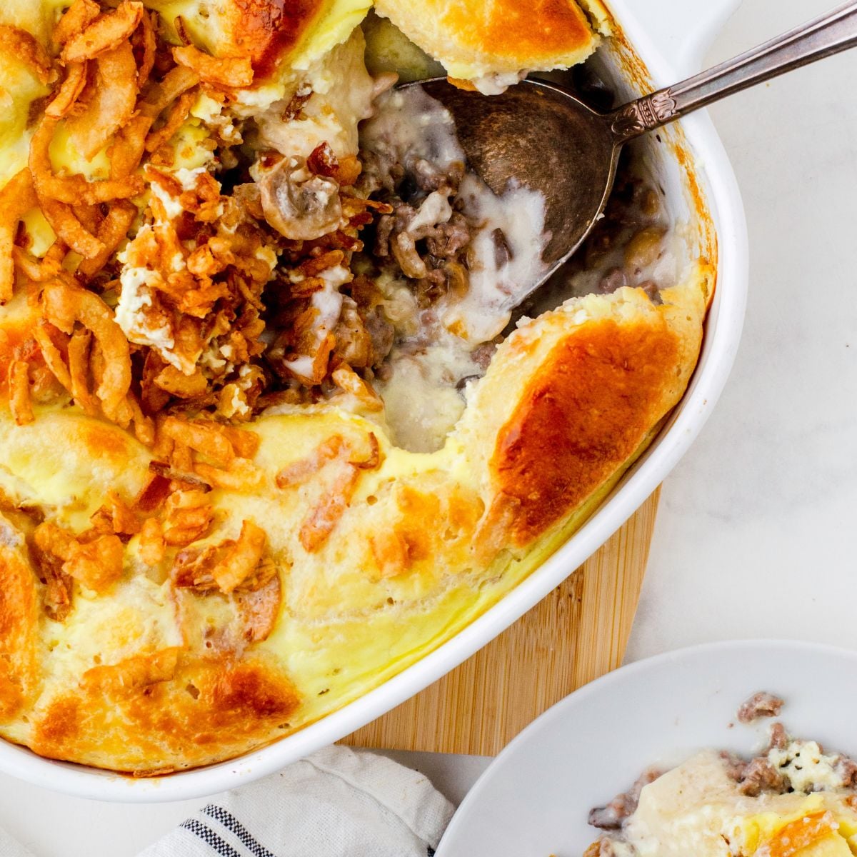 Stroganoff Hamburger Casserole with Canned Biscuits
