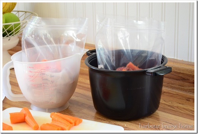 sweet and sour crock pot sausage and peppers being packaged in ziploc bags