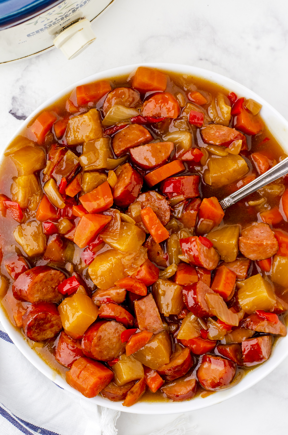 Sweet and Sour Sausage & Peppers in a serving bowl