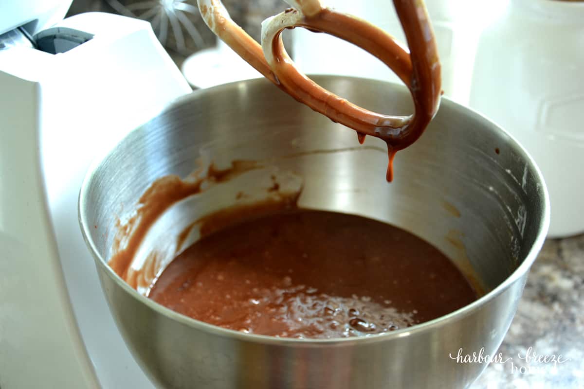 texas sheet cake batter in a mixing bowl