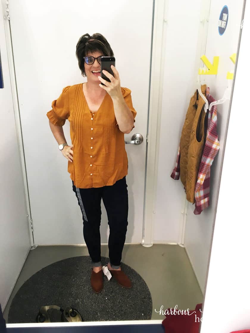 old navy dressing room try on for Fall Fashion ideas - jeans and mustard blouse