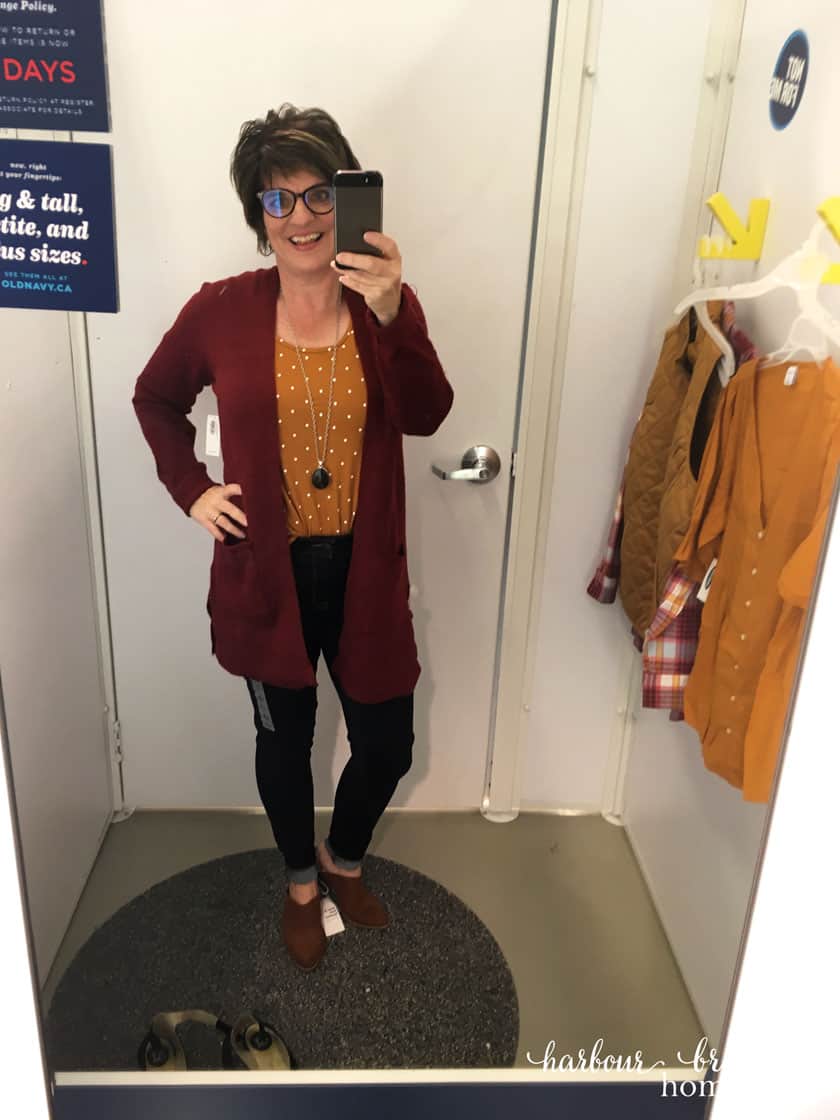 Fall fashion ideas with Old Navy dressing room try on - jeans, mustard tank, rose sweater