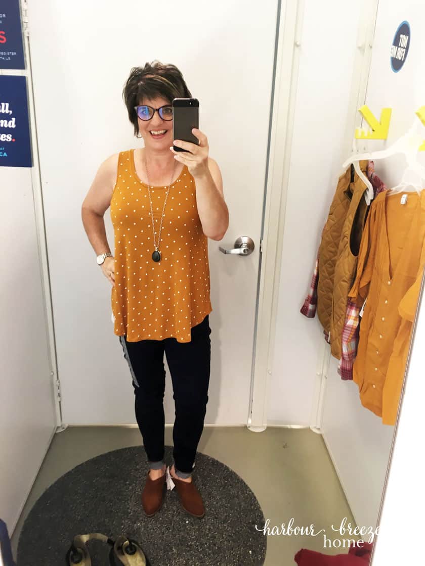 Old Navy Fall Dressing Room Try-ons - Mustard tank and jeans