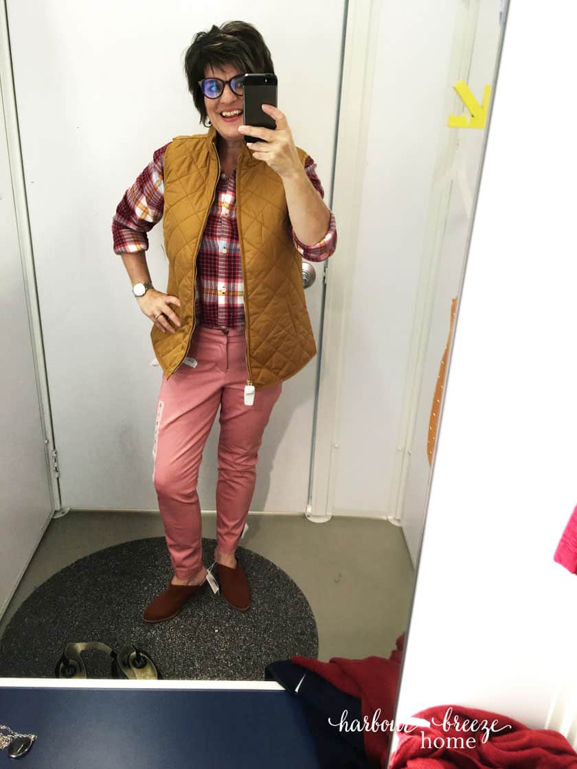 Fall Fashion ideas with Old Navy - pink pixie pants, plaid shirt, and mustard vest