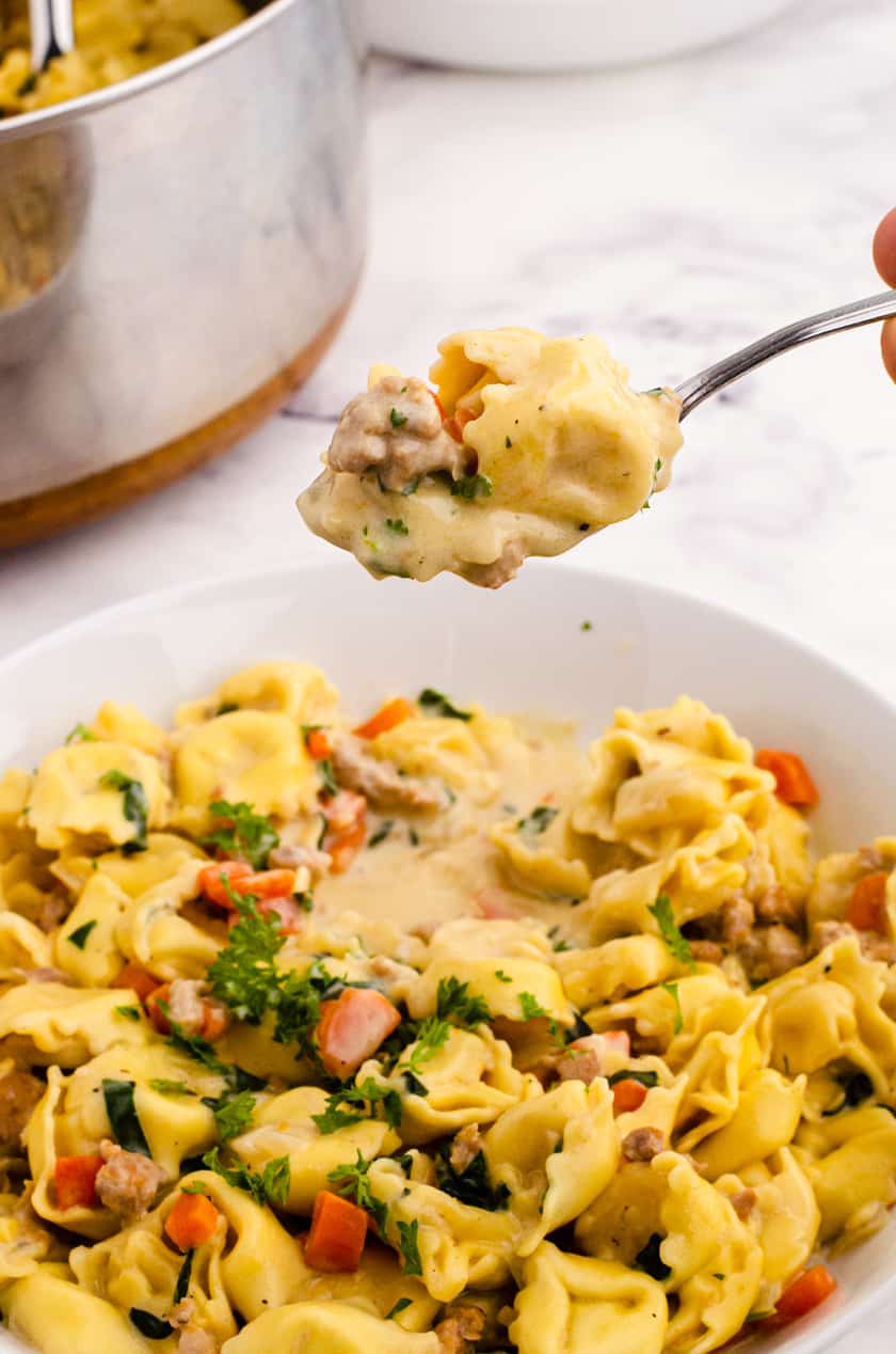 Spoonful of thick and creamy tortellini soup with spinach