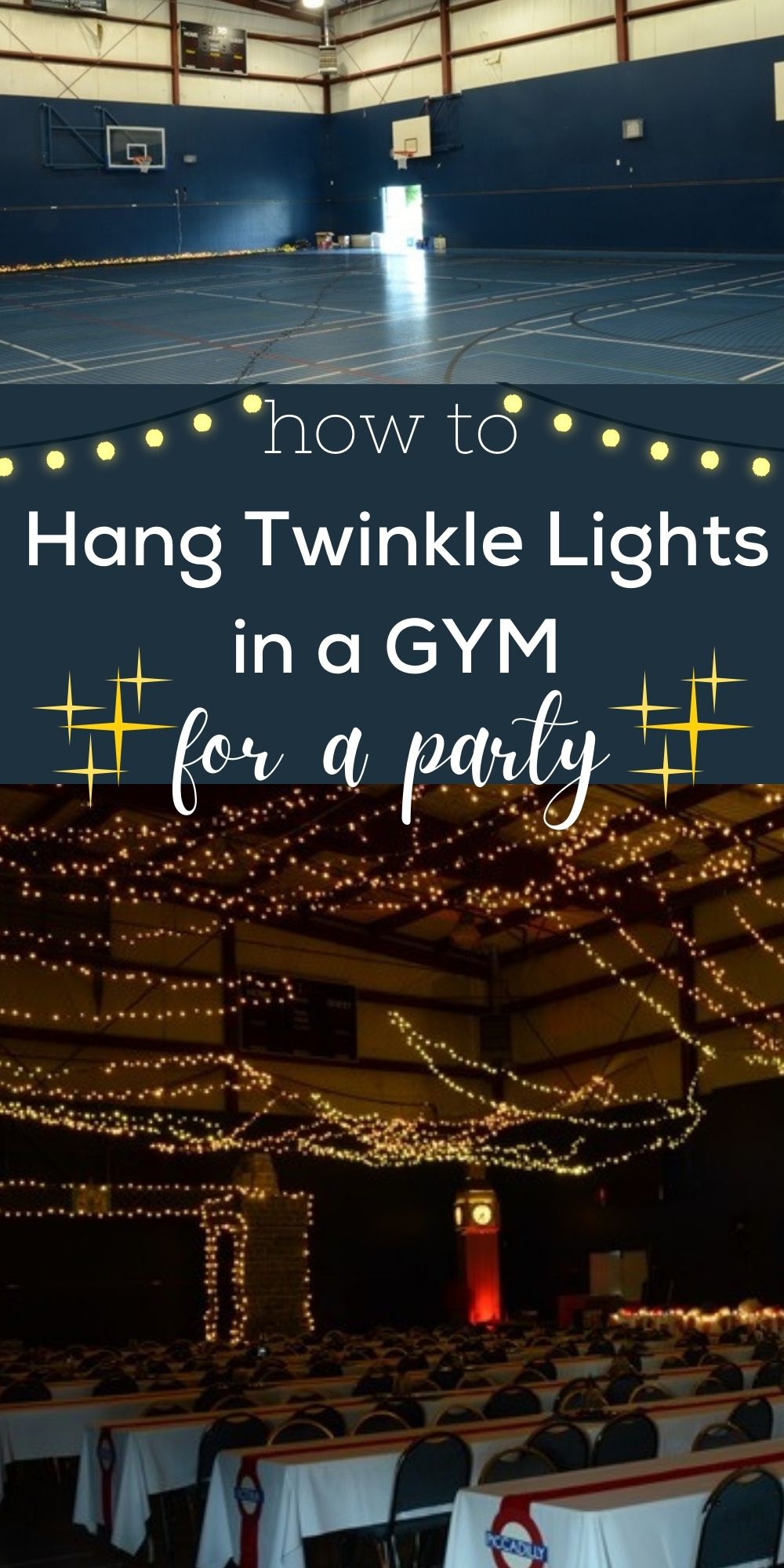 Graduation Decorations – DIY String Lights in a Gymnasium
