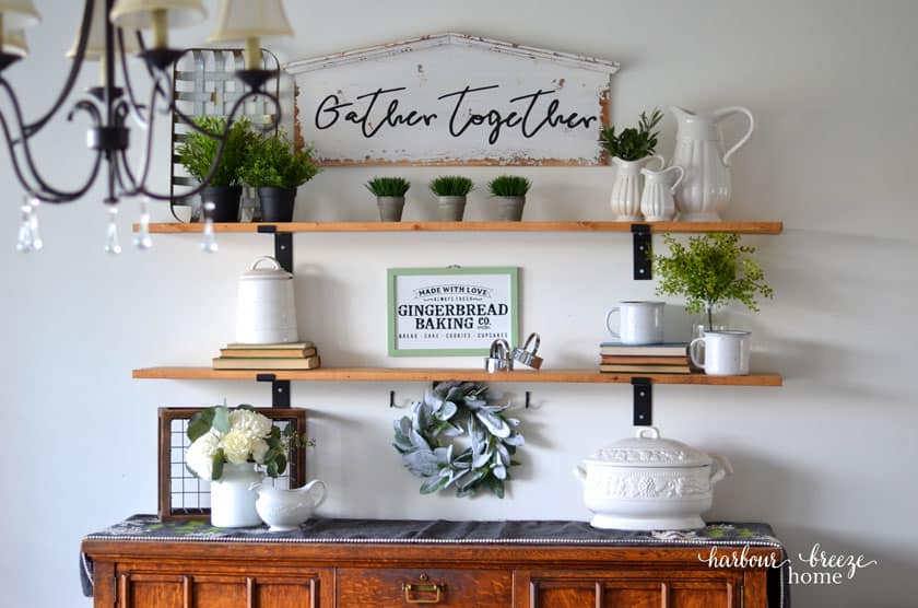 Finished Fixer Upper style farmhouse shelves styled with Winter decor.