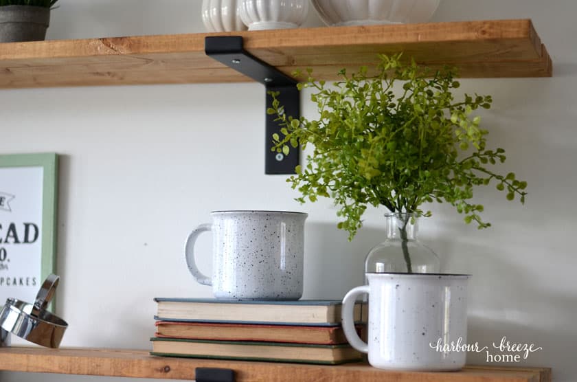 Two farmhouse enamel mugs sitting on a pile of books with greenery behind.