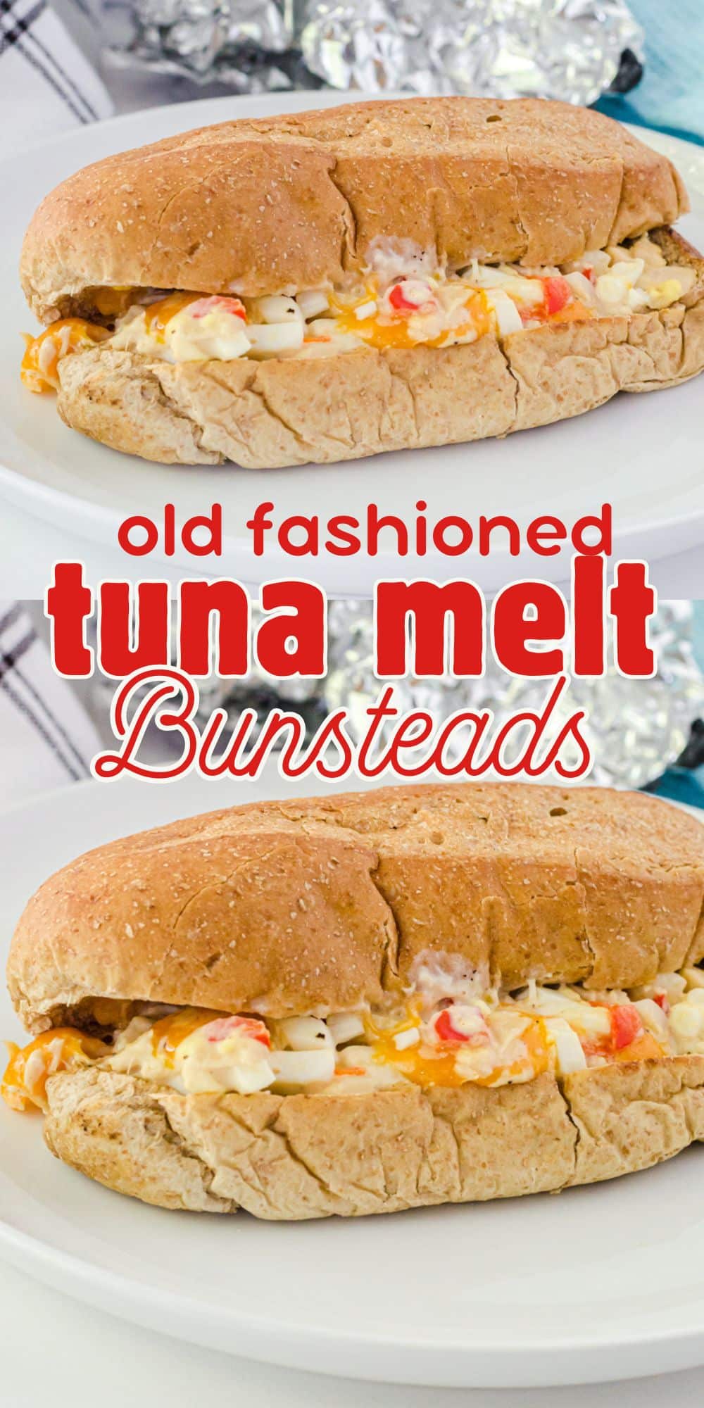 Collage of tuna melt Bunstead sandwiches.