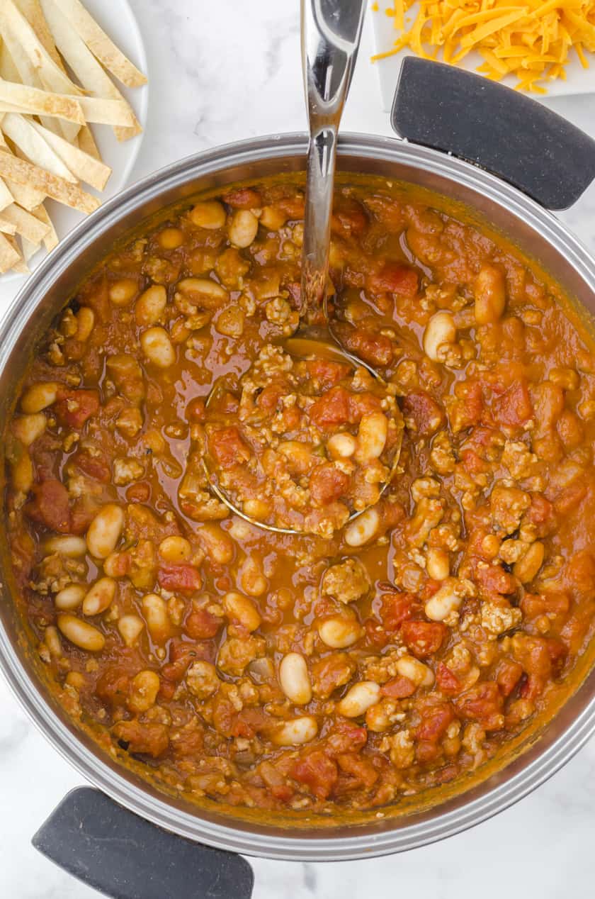 Turkey pumpkin chili in a soup pot.