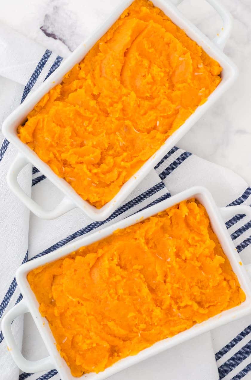 2 small individual casserole dishes of Ground Turkey Shepherd's Pie with sweet potatos