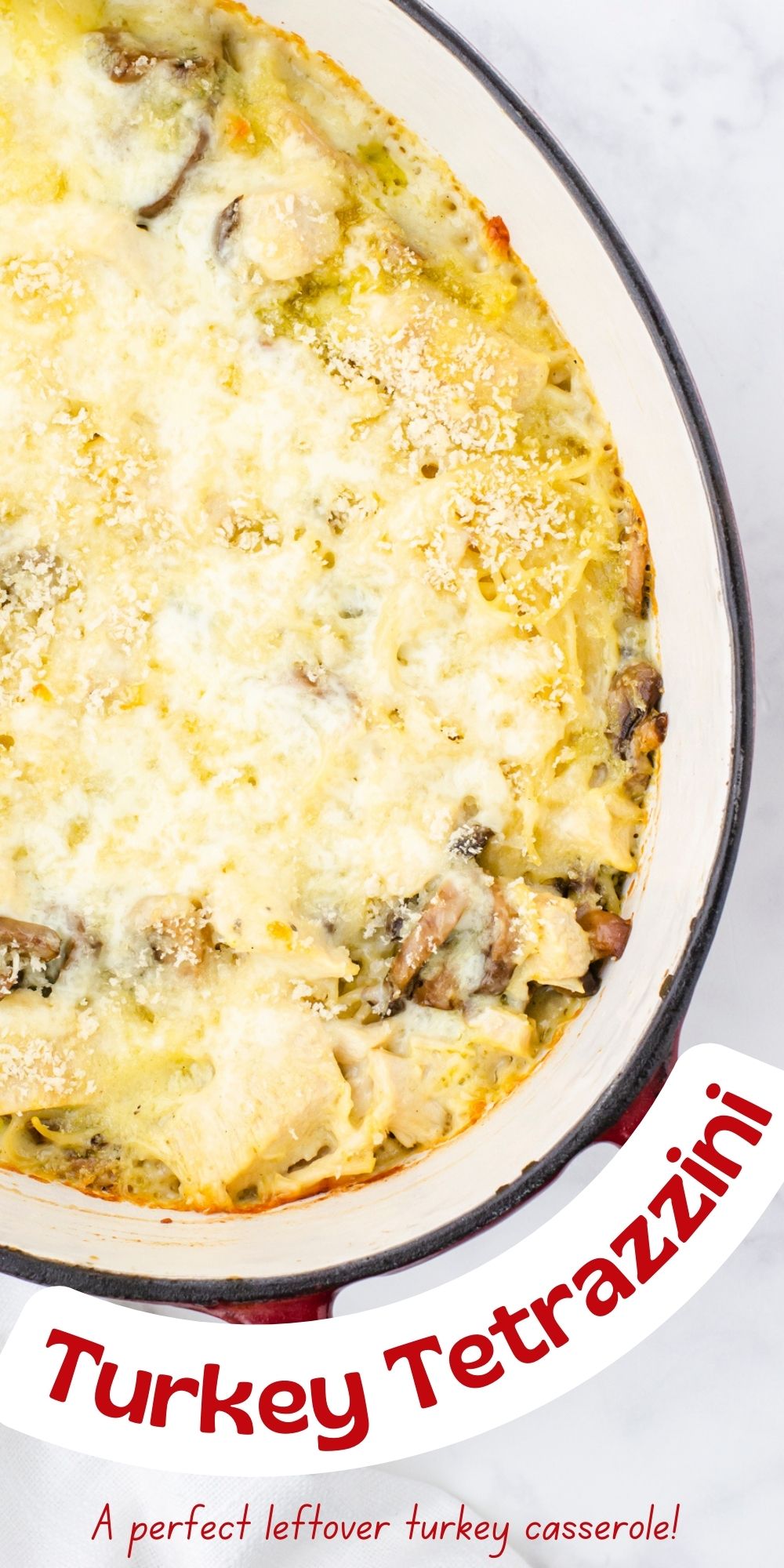Close up of turkey tetrazzini in a dutch oven.