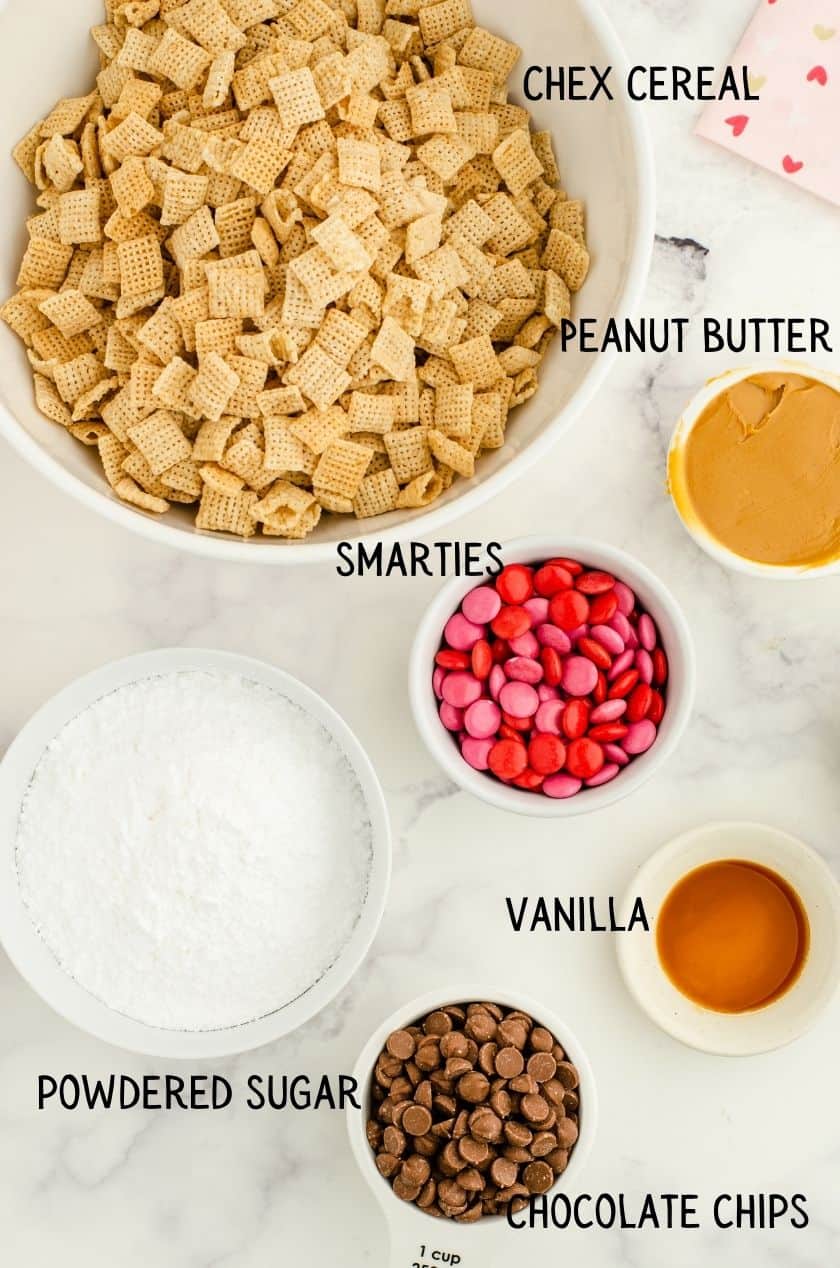 Ingredients for Muddy Buddy Puppy Chow Snack Mix for Valentines
