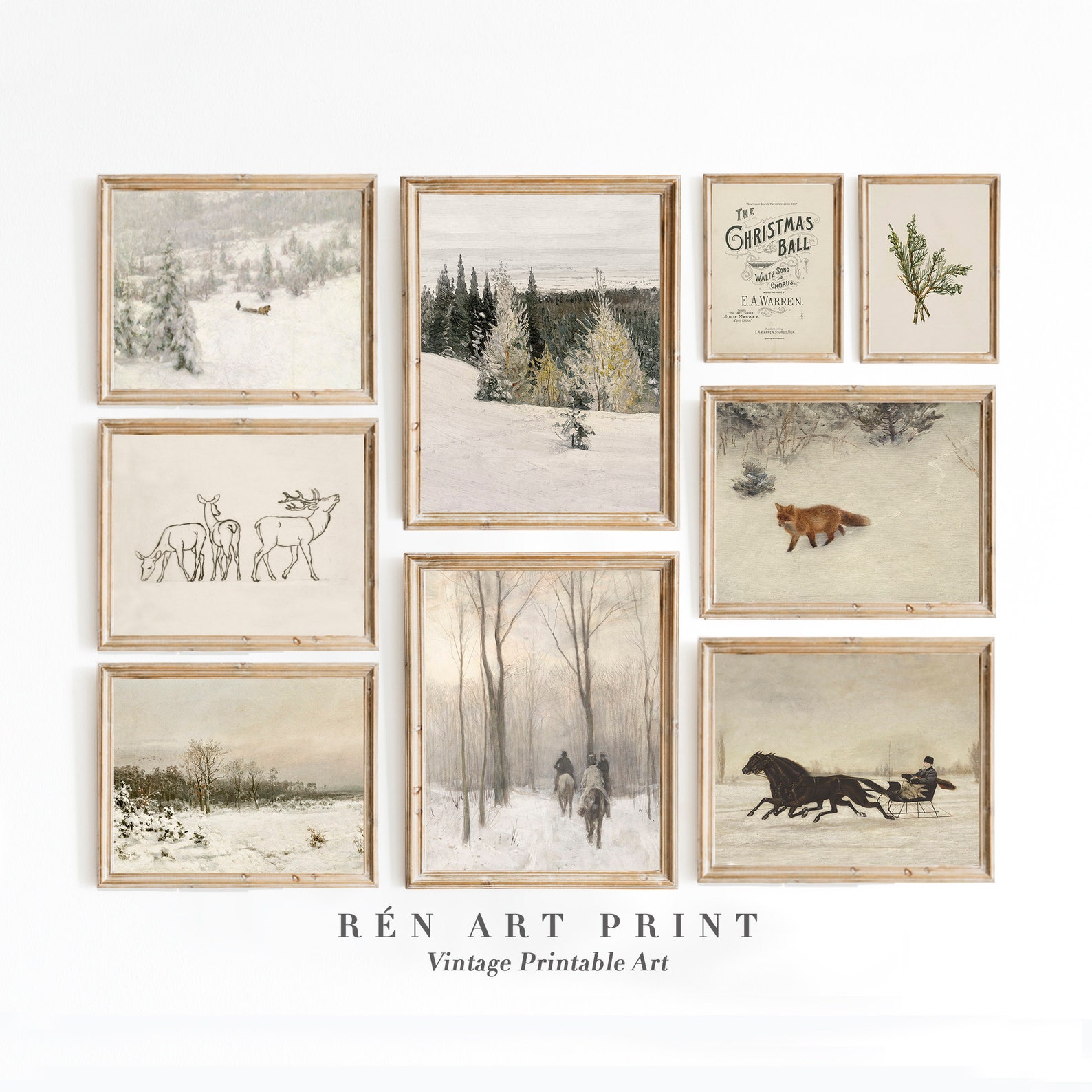 A collection of vintage wall art hung together to form a beautiful gallery wall perfect for Christmas or winter