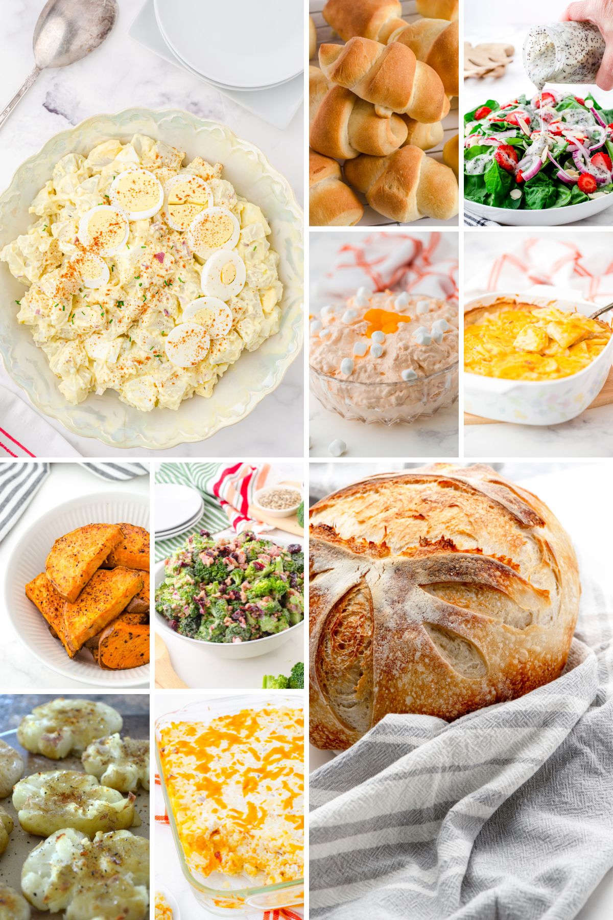 A collage of sidedishes that can be served with meatloaf including potato salad, dinner buns, orange fluff salad, spinach salad, scalloped potatoes, sweet potatoes, broccoli salad, smashed potatoes, cheesy hash brown potatoes, and sour dough bread.