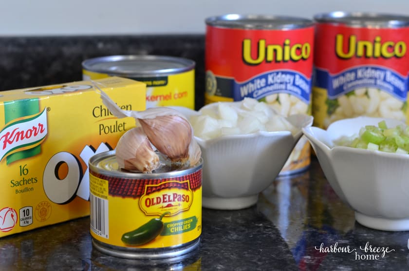 White kidney beans, onion, celery garlic, and diced green chilis are part of the ingredients needed for this White Chicken Chili Recipe for the slow cooker.