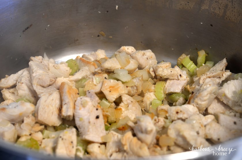 Diced chicken is sauted with onions, celery and garlic as the base to this White Chicken Chili recipe.