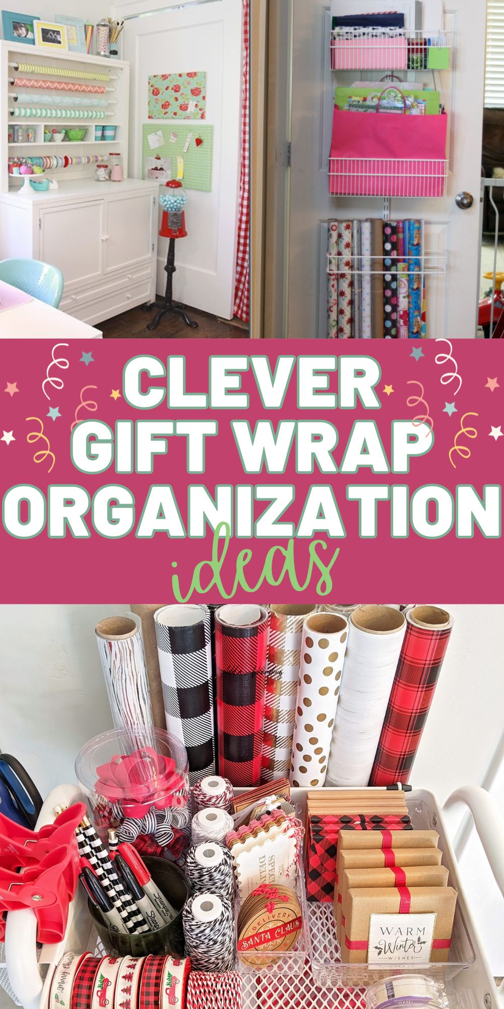 Looking for creative and simple gift wrap storage solutions? Here's some fun and quick ideas that are budget friendly. Create a handy place to store rolls of wrapping paper, gift bags, tissue paper, and ribbons so you can take care of those last minute gifts!